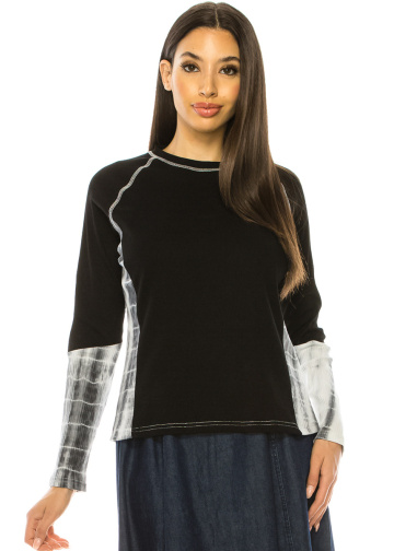 Black Color-Block Long Sleeve T-Shirt With Tie-Dye Details