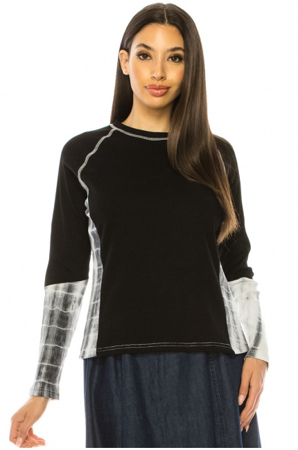 Black Color-Block Long Sleeve T-Shirt With Tie-Dye Details