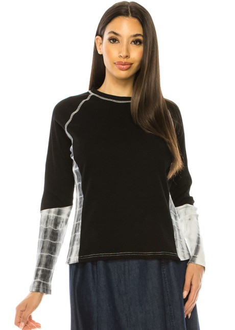 Black Color-Block Long Sleeve T-Shirt With Tie-Dye Details