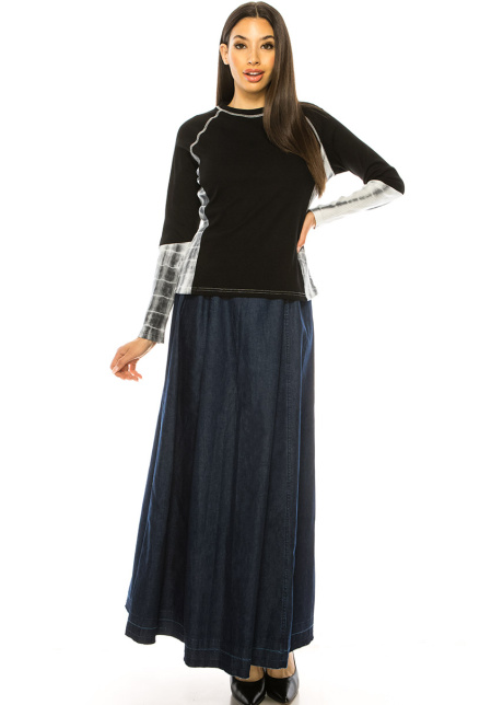 Black Color-Block Long Sleeve T-Shirt With Tie-Dye Details