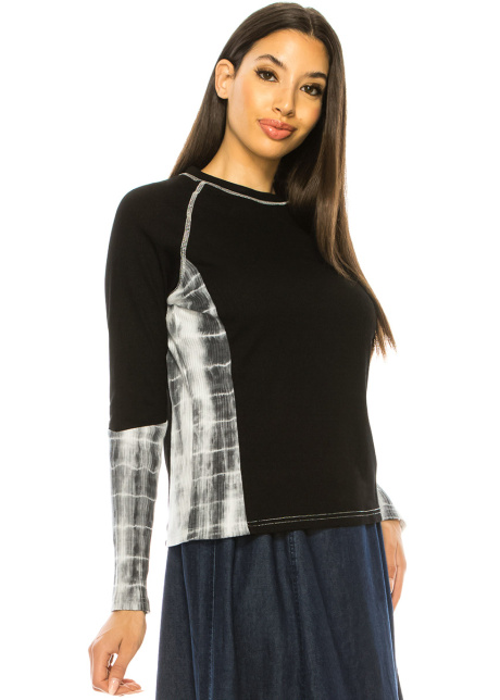 Black Color-Block Long Sleeve T-Shirt With Tie-Dye Details