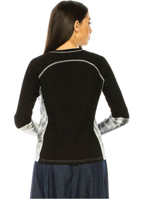Black Color-Block Long Sleeve T-Shirt With Tie-Dye Details