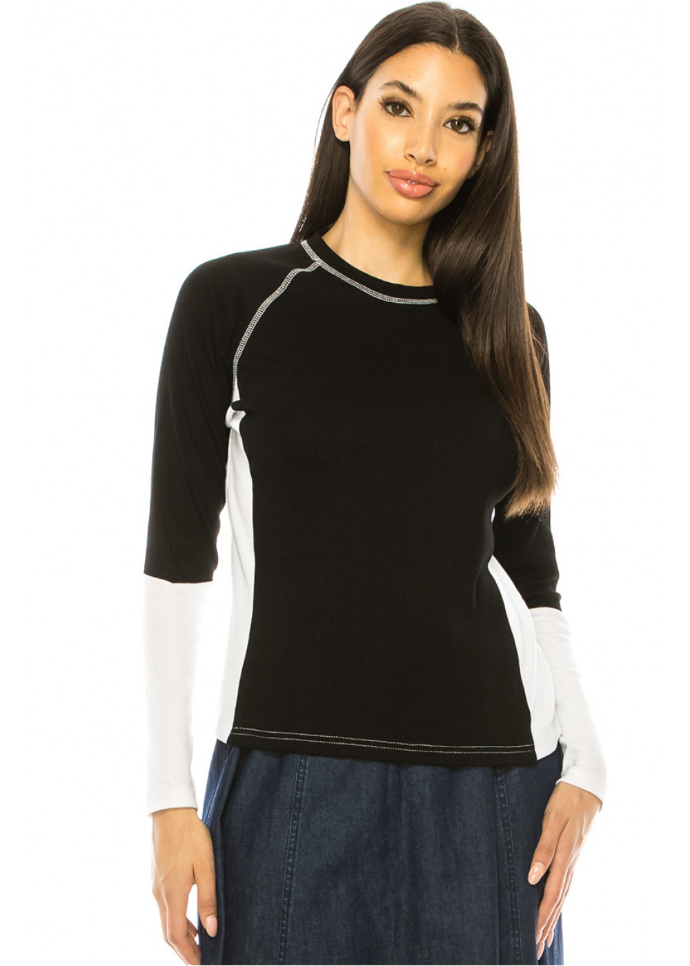 Color-Block Black And White Long Sleeve T-Shirt