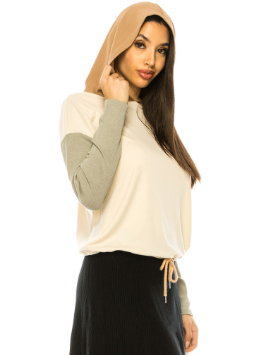 Beige Long Sleeve T-Shirt With Camel Hood
