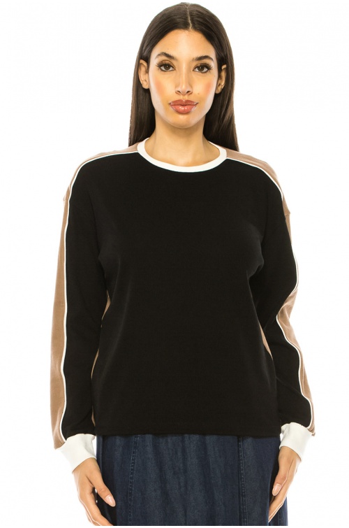 Color Contrast Long Sleeve T-Shirt In Black And Camel