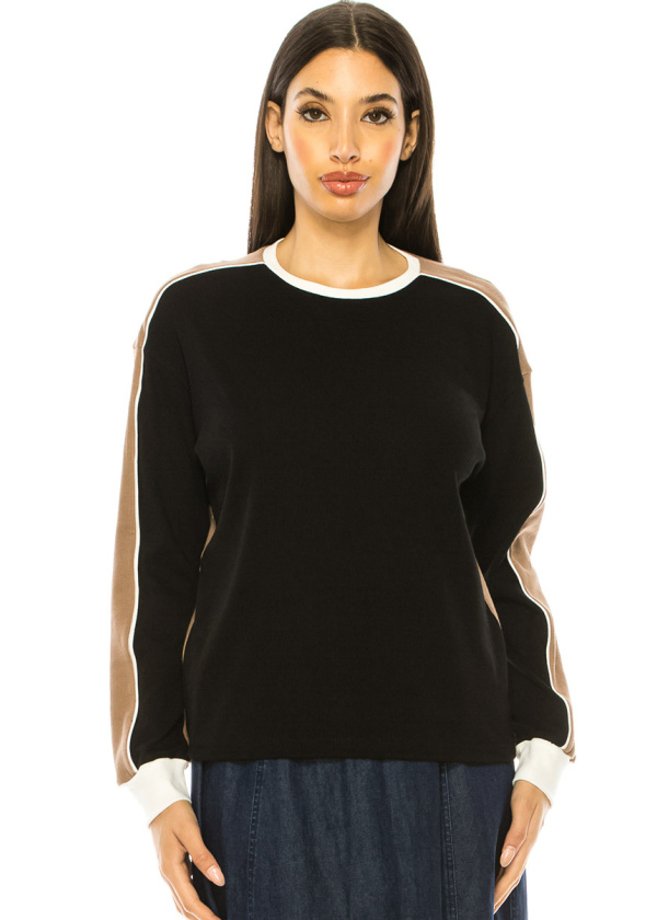 Color Contrast Long Sleeve T-Shirt In Black And Camel