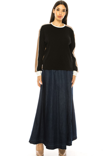 Color Contrast Long Sleeve T-Shirt In Black And Camel