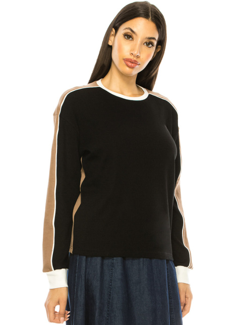Color Contrast Long Sleeve T-Shirt In Black And Camel