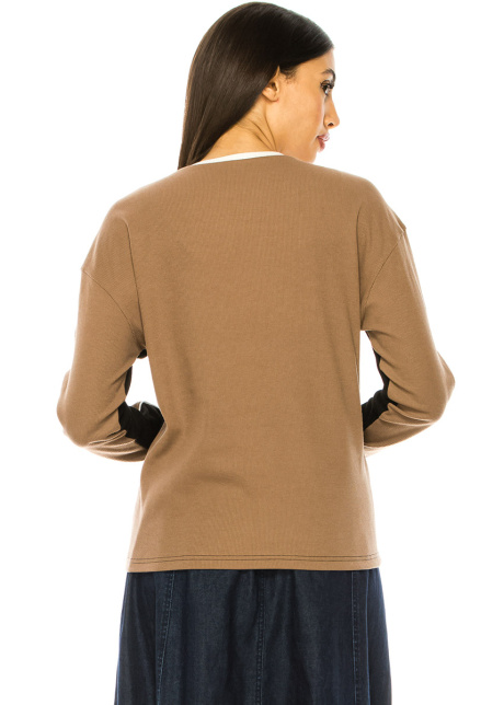 Color Contrast Long Sleeve T-Shirt In Black And Camel