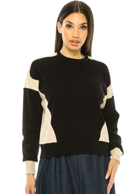 Two-Tone Long Sleeve T-Shirt In Black & Beige
