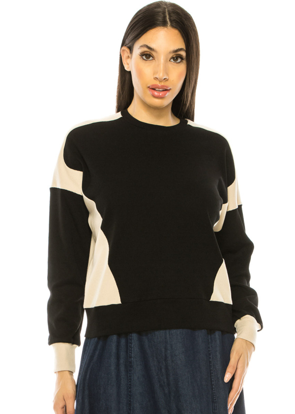Two-Tone Long Sleeve T-Shirt In Black & Beige