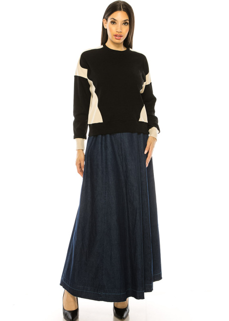 Two-Tone Long Sleeve T-Shirt In Black & Beige