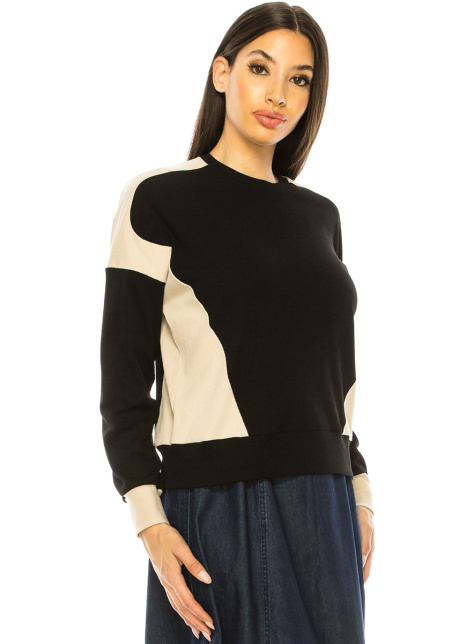 Two-Tone Long Sleeve T-Shirt In Black & Beige