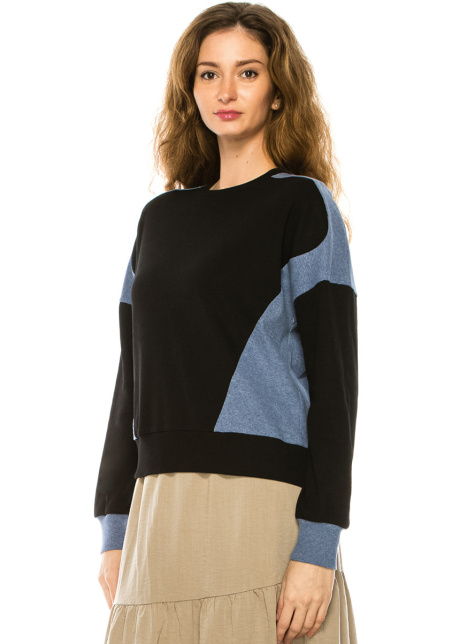 Two-Tone Long Sleeve T-Shirt In Black & Blue