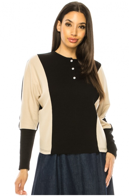 Beige And Black Long Sleeves T-Shirt