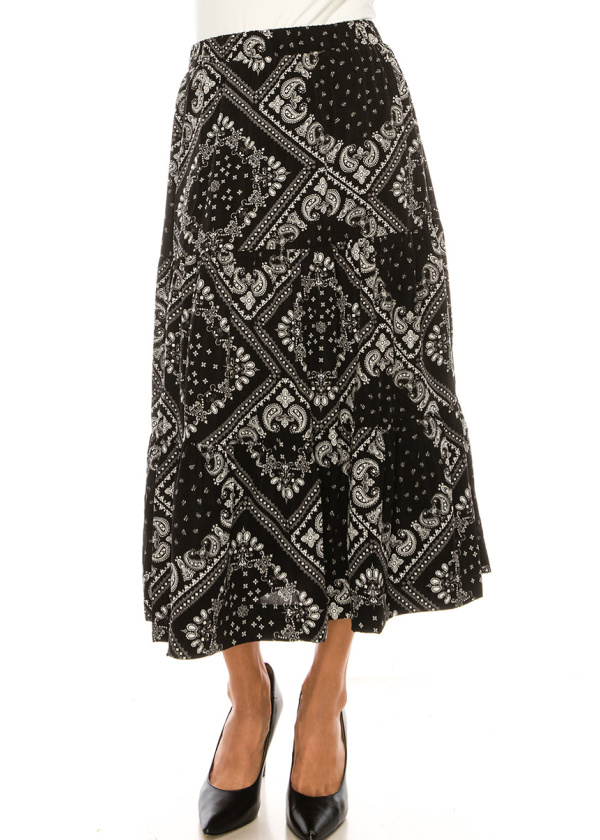 Black Bandana Print Tiered Midi Skirt