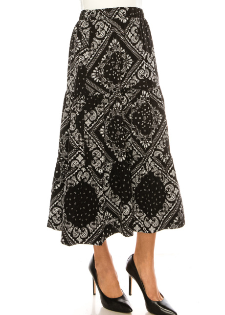 Black Bandana Print Tiered Midi Skirt