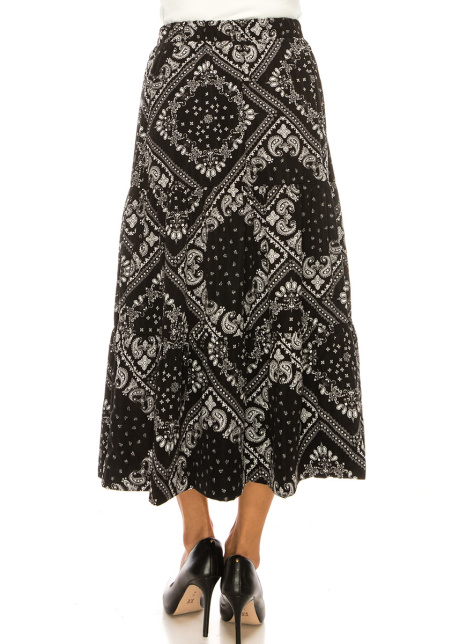 Black Bandana Print Tiered Midi Skirt