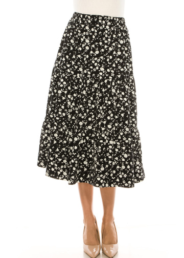 Black And White Floral Tiered Midi Skirt