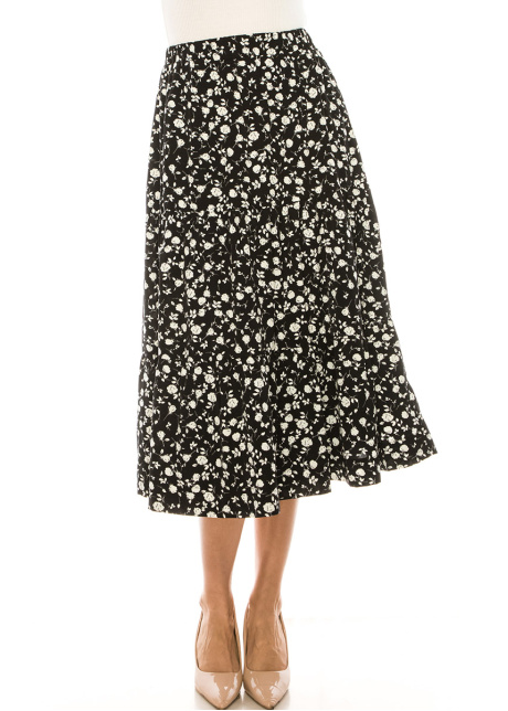 Black And White Floral Tiered Midi Skirt