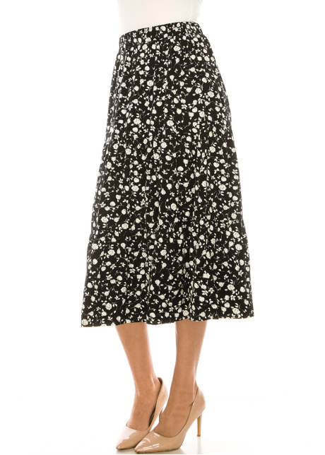 Black And White Floral Tiered Midi Skirt