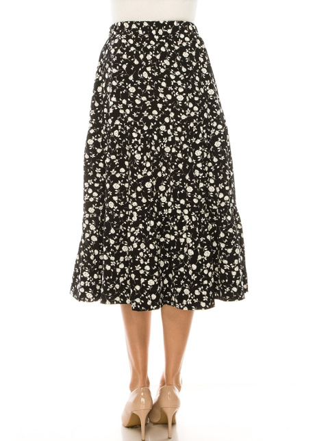 Black And White Floral Tiered Midi Skirt