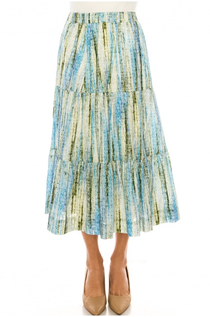 Vertical Stripes Print Midi Skirt In Green And Blue