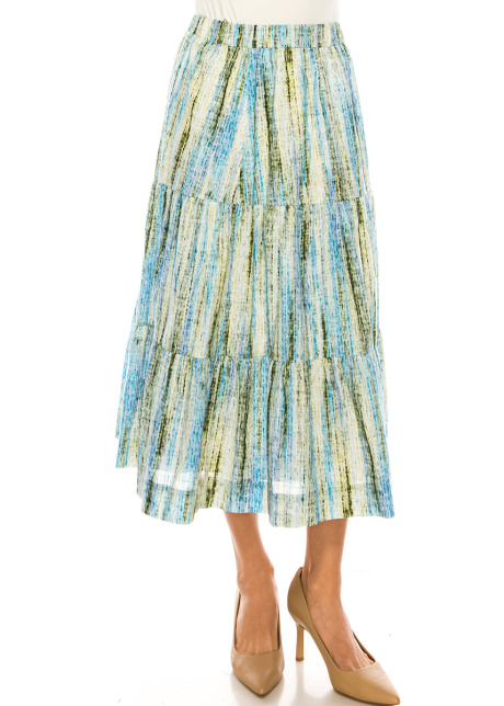 Vertical Stripes Print Midi Skirt In Green And Blue