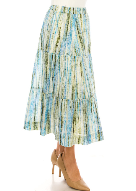 Vertical Stripes Print Midi Skirt In Green And Blue