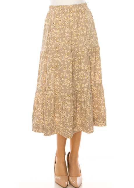 Floral Taupe Tiered Midi Skirt