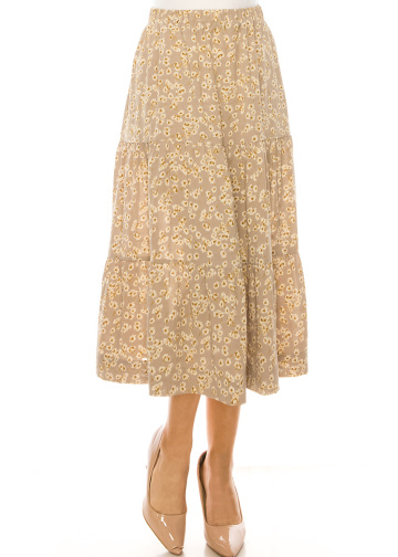 Floral Taupe Tiered Midi Skirt