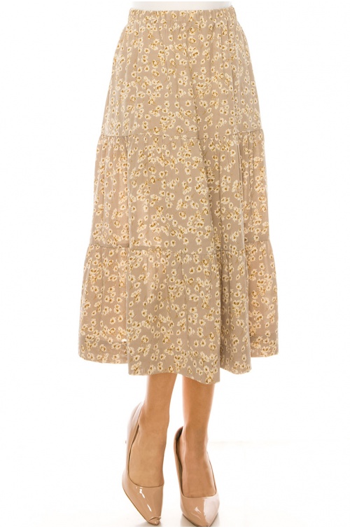 Floral Taupe Tiered Midi Skirt