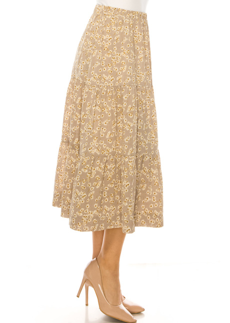 Floral Taupe Tiered Midi Skirt