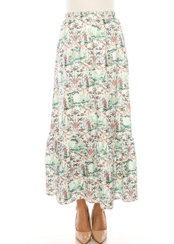 Floral Green Tiered Maxi Skirt