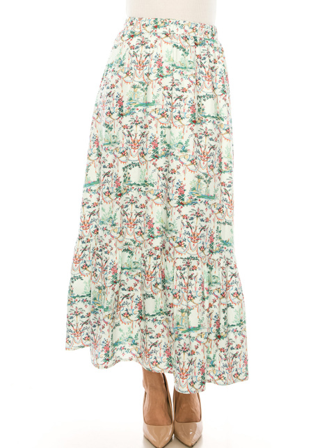 Floral Green Tiered Maxi Skirt