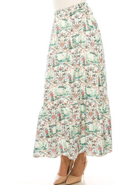 Floral Green Tiered Maxi Skirt