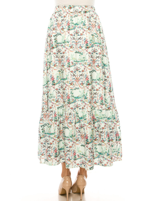 Floral Green Tiered Maxi Skirt