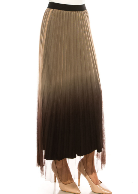 Brown Pleated Tulle A-Line Skirt