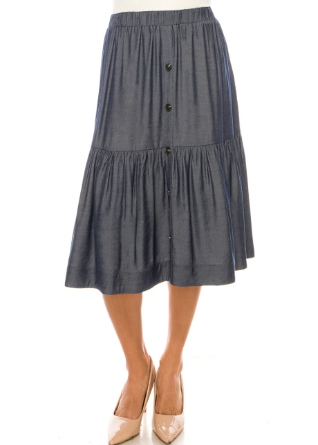 Button-Front Flared Denim Skirt