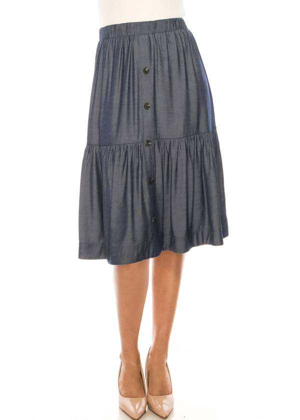 Button-Front Flared Denim Skirt