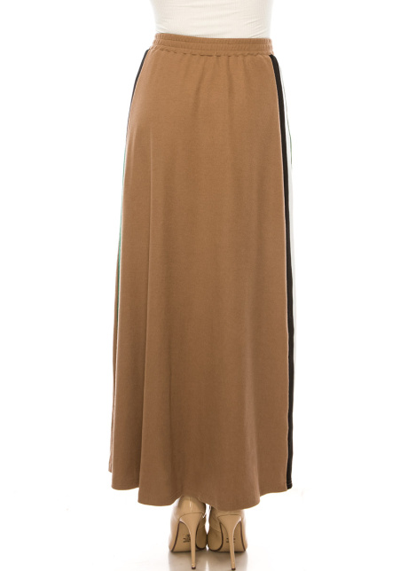 Camel Maxi Knit Skirt With Side Stripes