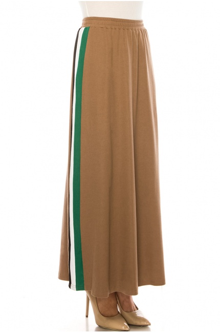 Camel Maxi Knit Skirt With Side Stripes
