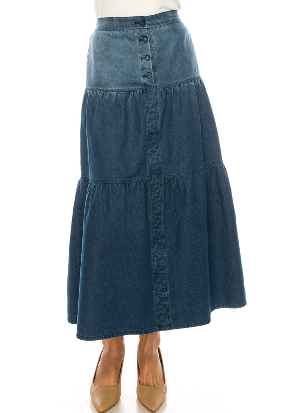 Denim Tiered Midi Skirt