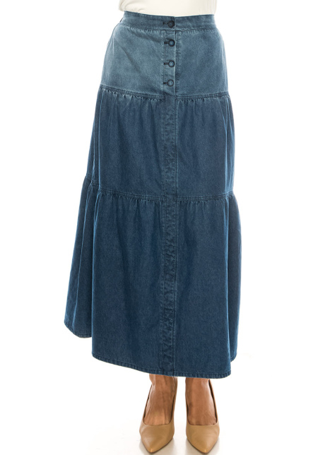 Denim Tiered Midi Skirt