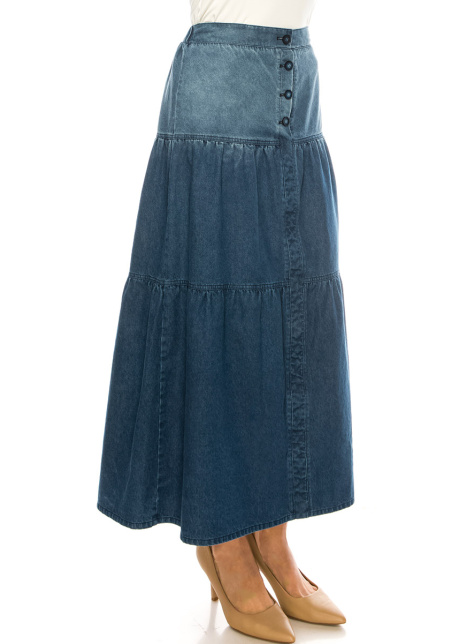 Denim Tiered Midi Skirt