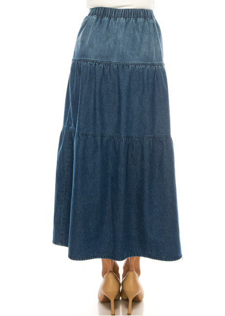 Denim Tiered Midi Skirt