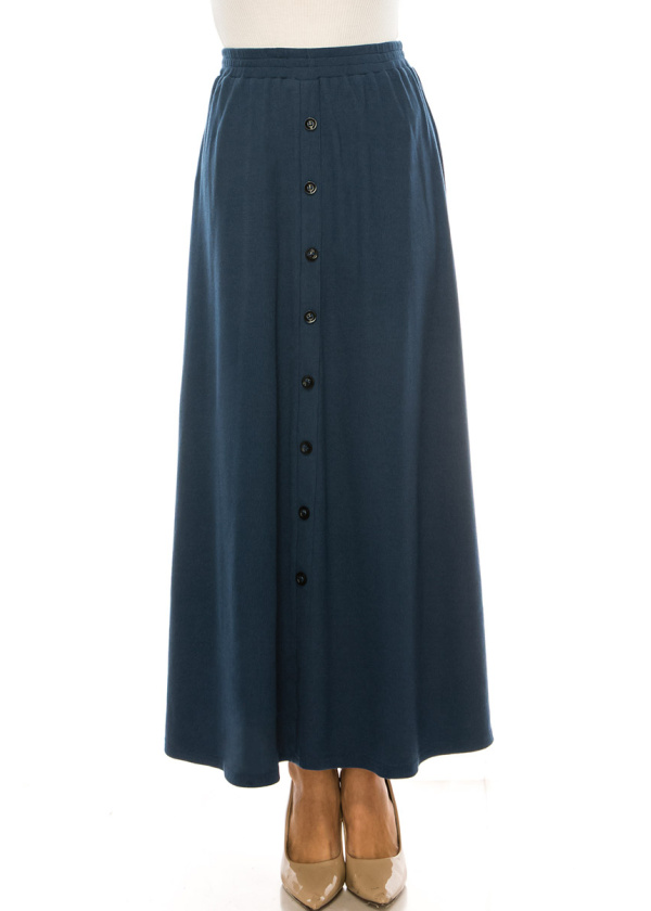 Blue Knit Button Detail Maxi Skirt