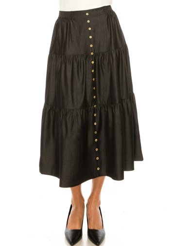 Black Denim Midi Tiered Skirt