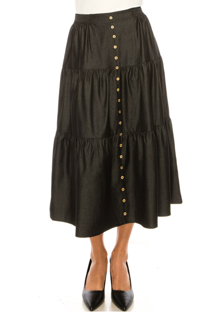Black Denim Midi Tiered Skirt