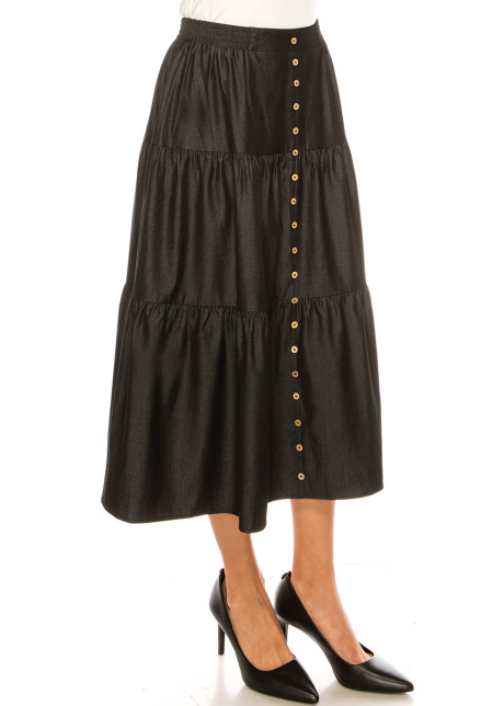Black Denim Midi Tiered Skirt